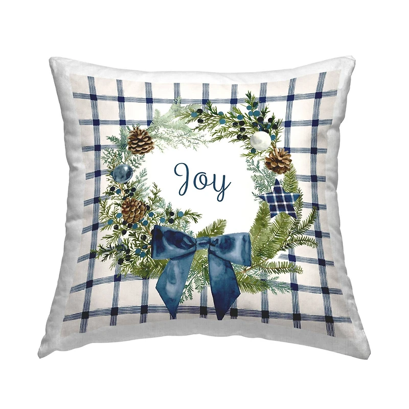 Stupell Industries Holiday Tartan Joy Phrase Pinecone Wreath Throw Pillow