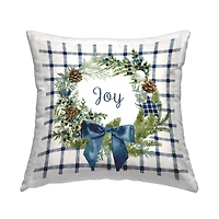 Stupell Industries Holiday Tartan Joy Phrase Pinecone Wreath Throw Pillow