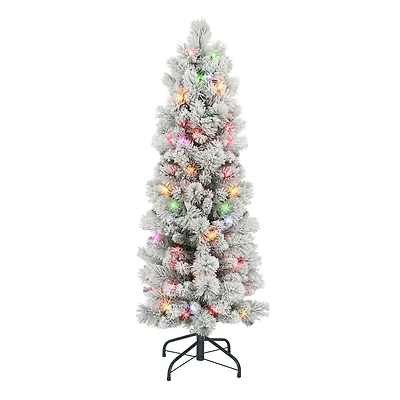 4.5ft. Pre-Lit Flocked Portland Pine Artificial Christmas Tree, Multicolored Lights