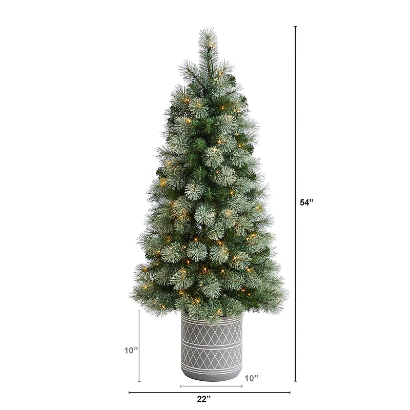 4.5ft. Pre-Lit Nova Scotia Pine Artificial Christmas Tree in Engraved Geometric Stone Planter, Warm White LED Lights