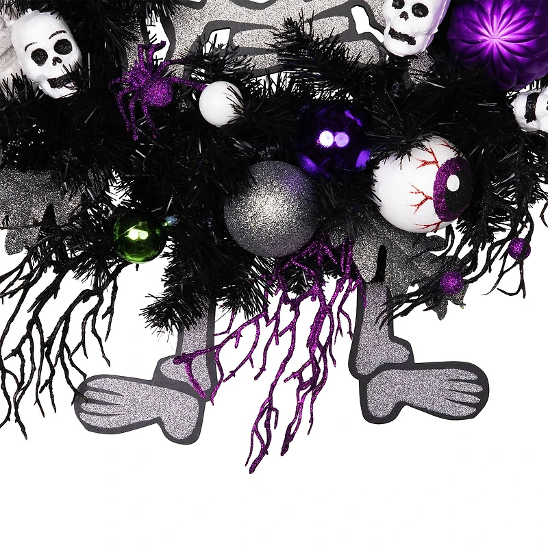24'' Unlit Purple and Black Spooky Skeleton Pine Halloween Wreath