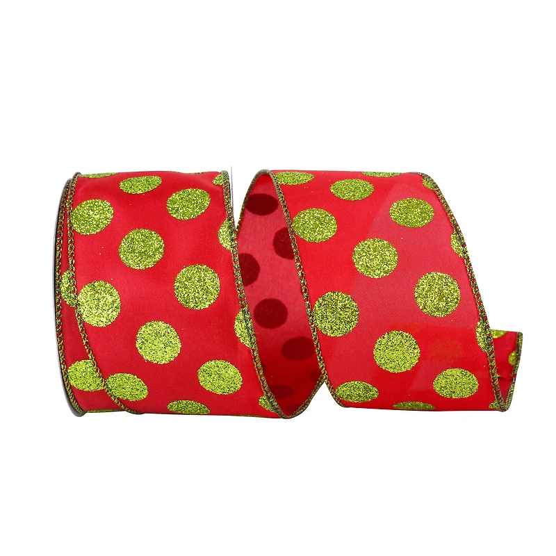 JAM Paper 2.5" x 10yd. Glitter Wired Red & Lime Dots Ribbon