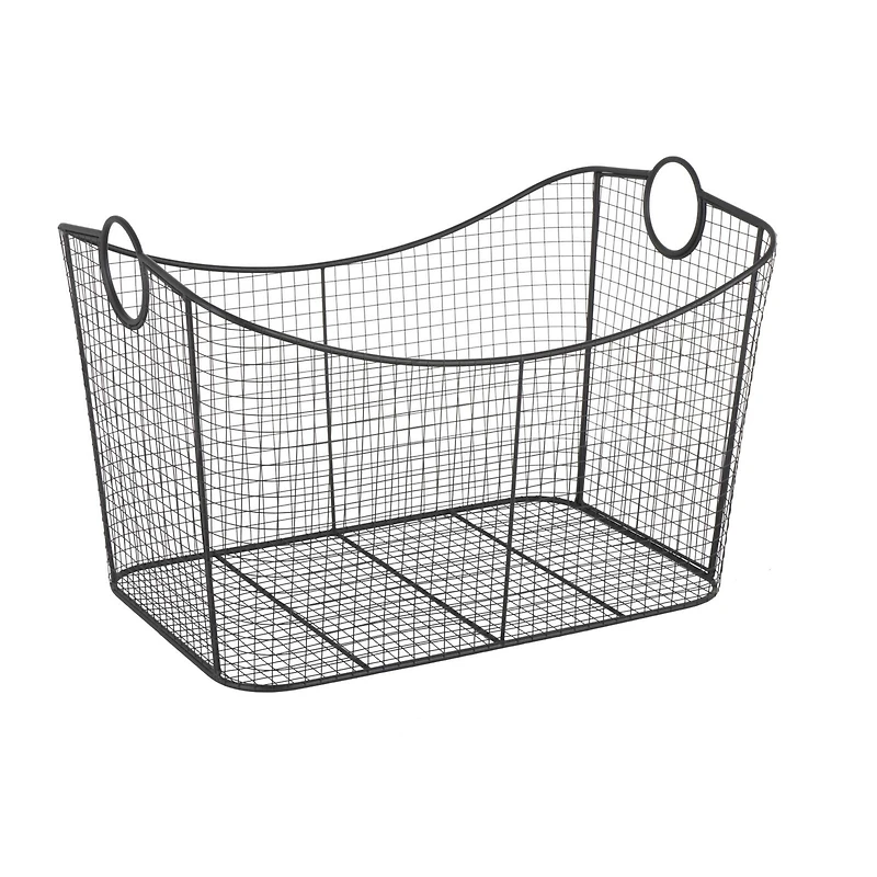 30.25" Black Metal Open Frame Wire Grid Storage Basket with Curved Sides & Ring Handles