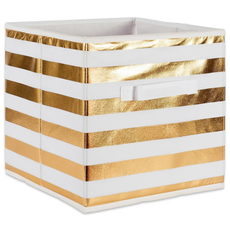 DII® 11" Nonwoven Polyester White & Gold Stripes Storage Cube