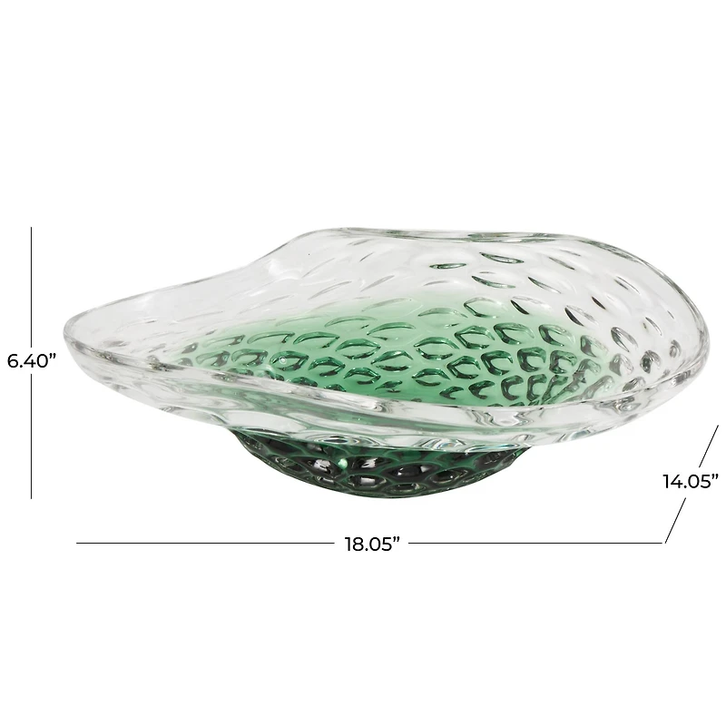 18" Handmade Green Ombre Abstract Wavy Glass Bowl with Bubble Texturing