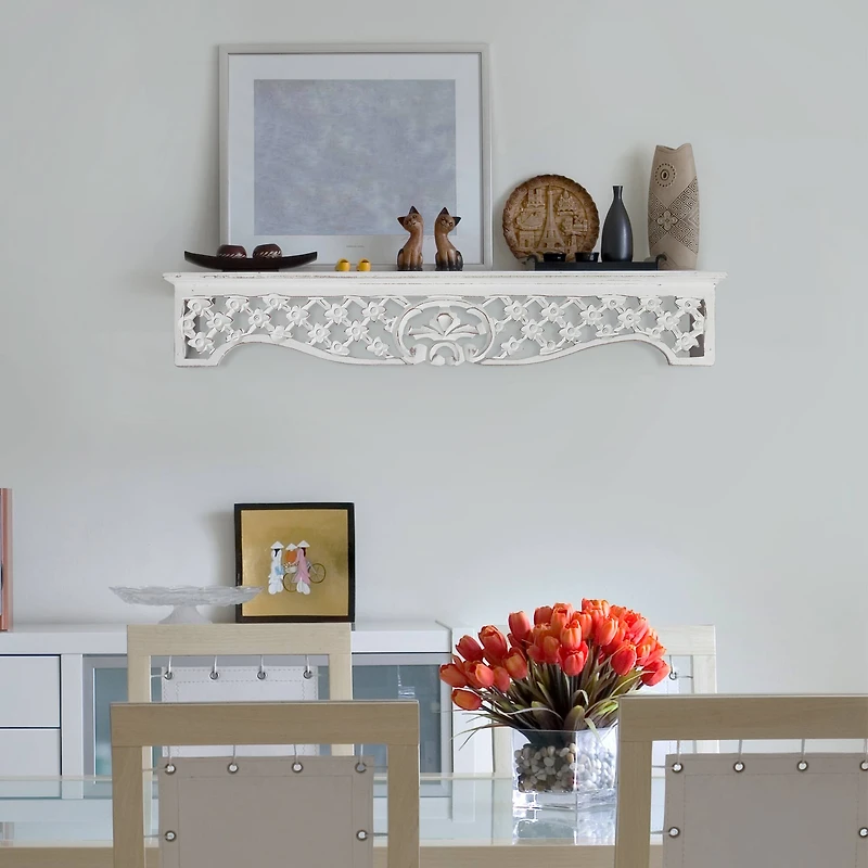 30" Whitewashed Hand-Carved Medallion Floating Wall Shelf