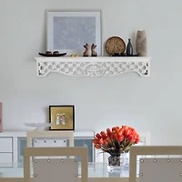 30" Whitewashed Hand-Carved Medallion Floating Wall Shelf