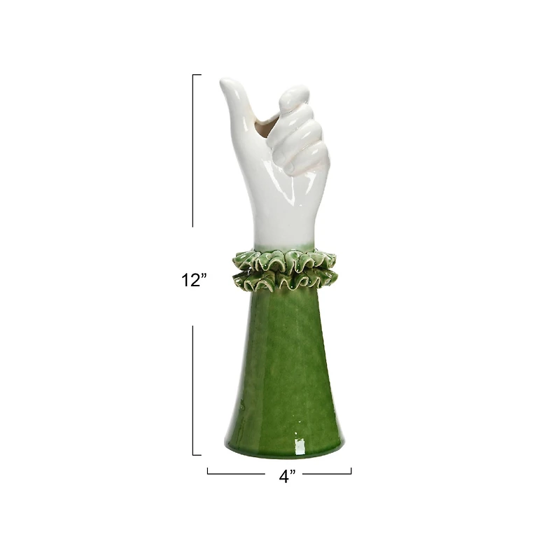 Hello Honey® 12" Green & White Stoneware Hand Vase with Ruffled Shirt Sleeve