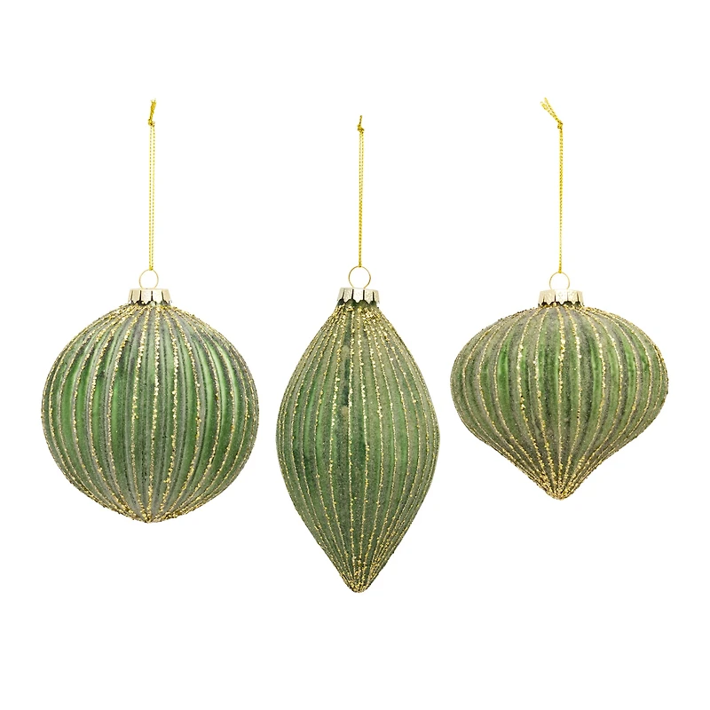 6ct. Green & Gold Stripes Glass Ornament Set