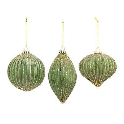 6ct. Green & Gold Stripes Glass Ornament Set