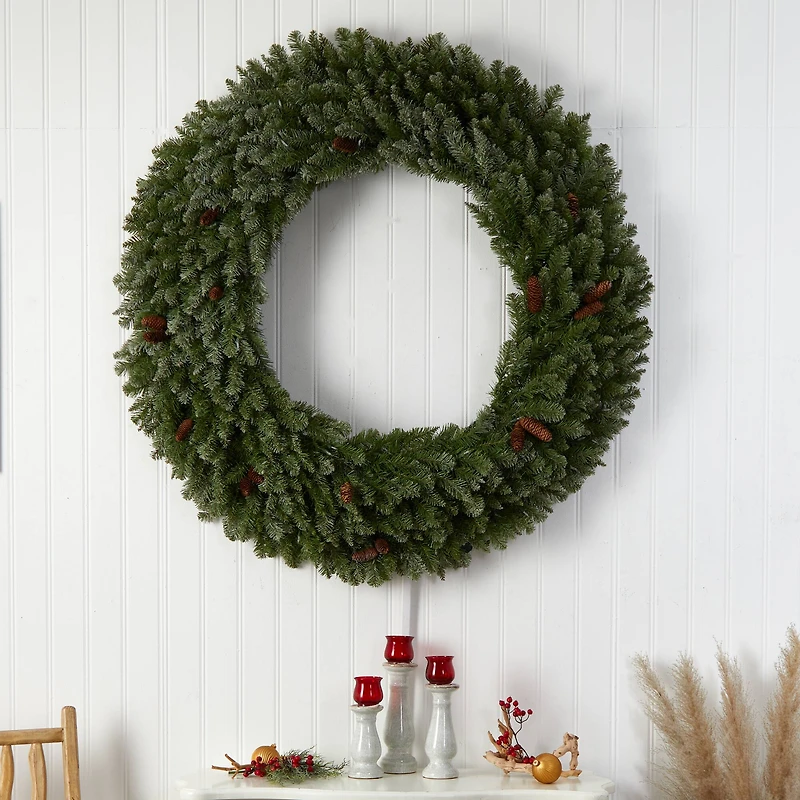 5ft. Clear LED Lights Flocked Artificial Christmas Wreath With Pinecones