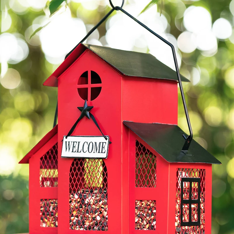 Glitzhome® 12" Red Metal Barn Hanging Bird Feeder