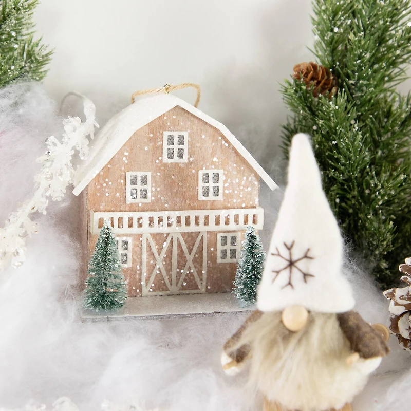 4" Battery Operated Lighted Rustic House with Trees Christmas Ornament