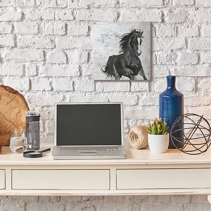 Stupell Industries Wild Black Horse Galloping over Abstract White Canvas Wall Art