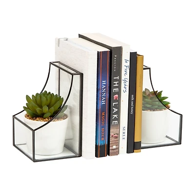 Mind Reader Terrarium Bookends, Decorative Book Holders with Storage, Modern Organizer for Desk or Shelf, Glass, Metal, Set of 2, Black
