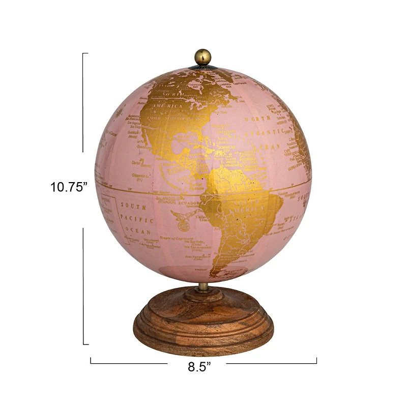 Hello Honey® 10.75" Pink & Gold Metal & Plastic Globe on Natural Mango Wood Stand