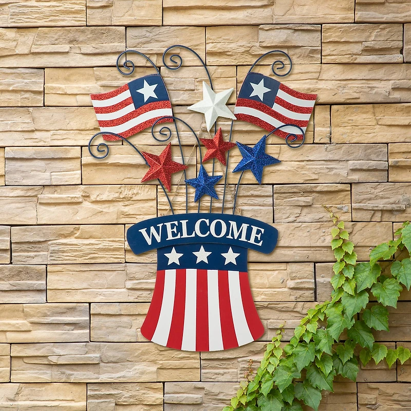 Glitzhome® 30.25" Wood & Metal Patriotic Flags Yard Stake