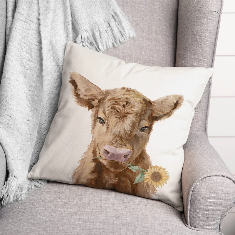 Baby Highland Cow with Sunflower Indoor & Outdoor Throw Pillow
