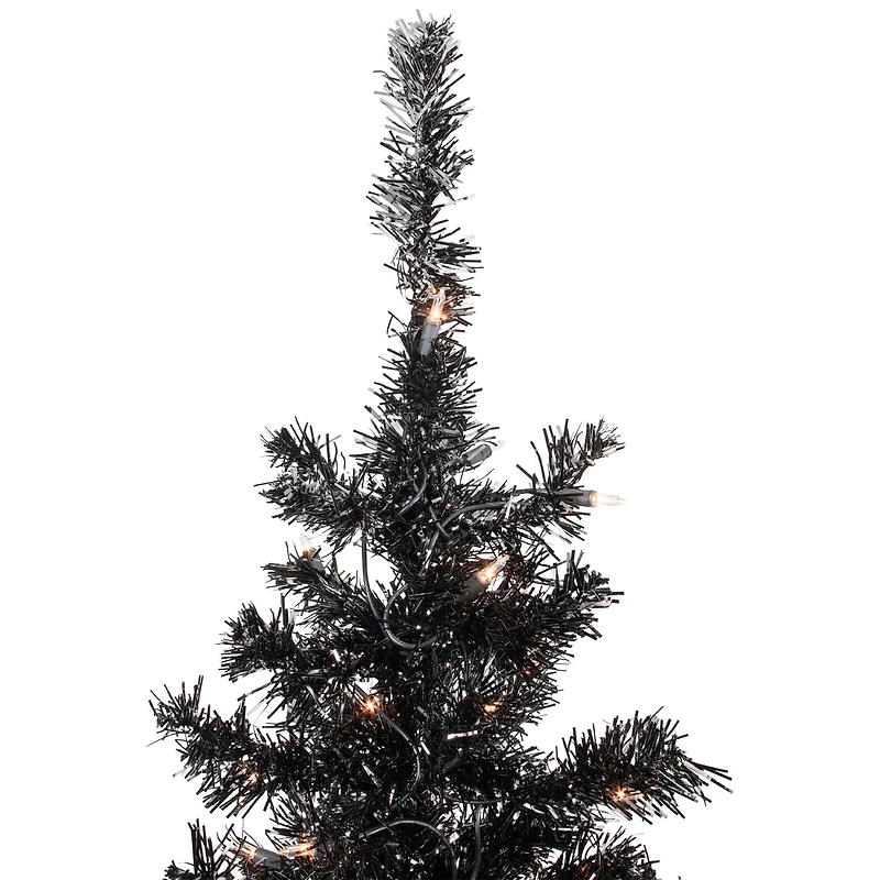 6ft. Pre-Lit Black Tinsel Artificial Christmas Tree, Clear Lights
