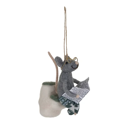 Hello Honey® 4.75" Handmade Wool Felt Mouse on Toilet with Glasses & Newspaper Ornament