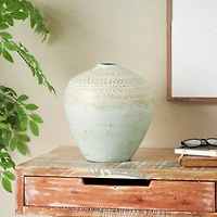 11.75" Green Antique-Style Wide Rounded Ceramic Vase with Geometric Carvings