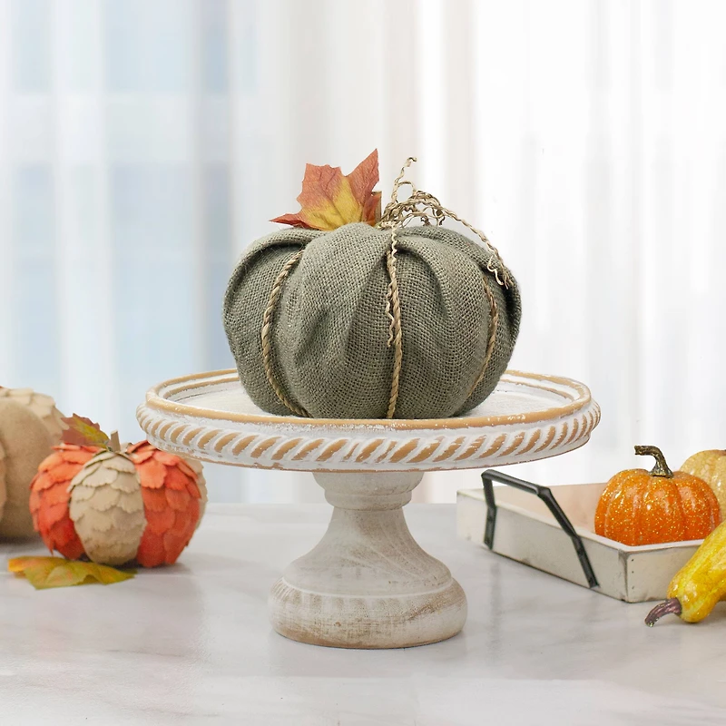 7" Green Burlap Autumn Harvest Tabletop Pumpkin