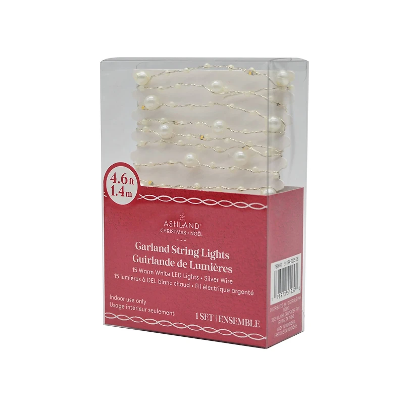 15ct. Warm White LED White Pearl Garland String Lights on Silver Wire by Ashland®