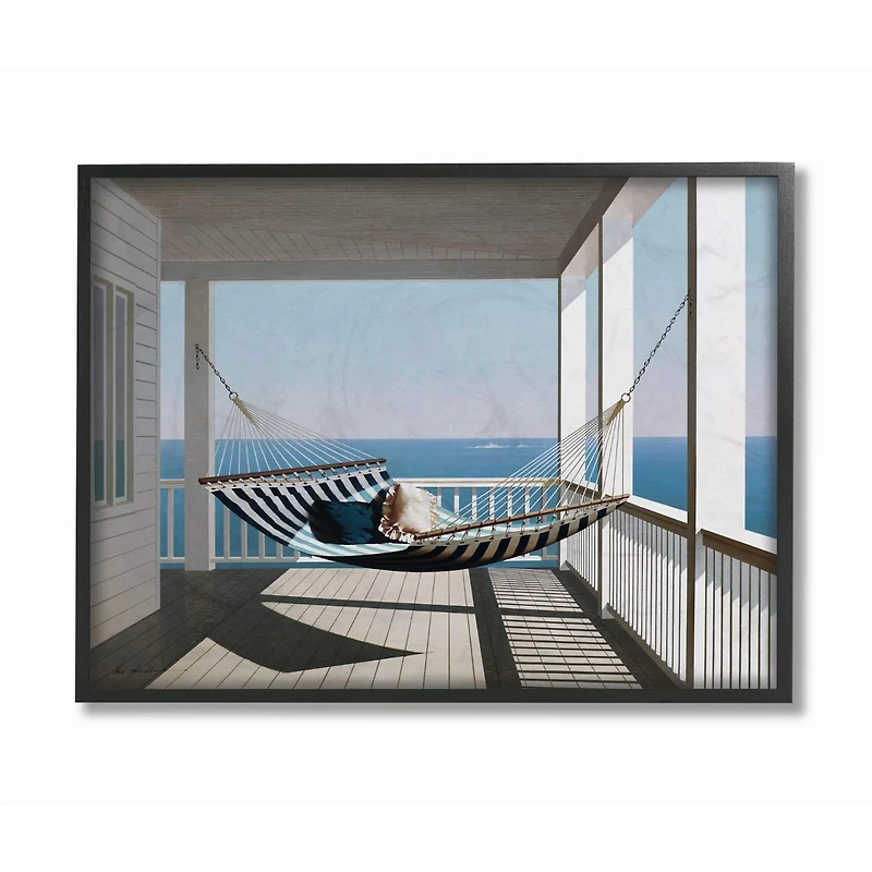 Stupell Industries Blue & White Striped Hammock on the Beach House Porch Framed Wall Art