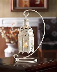 13" White Ornate Candle Lantern with Stand