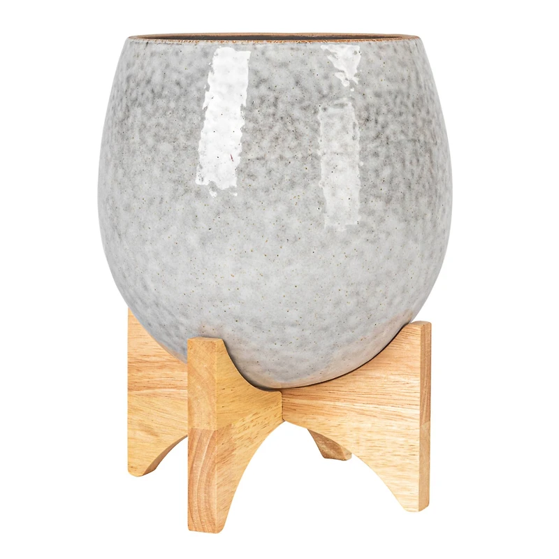 Hello Honey® 8" Gray Reactive Glaze Round Stoneware Planter with Wood Stand