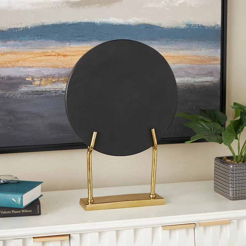 20" Black Marble Abstract Textured Disk Sculpture