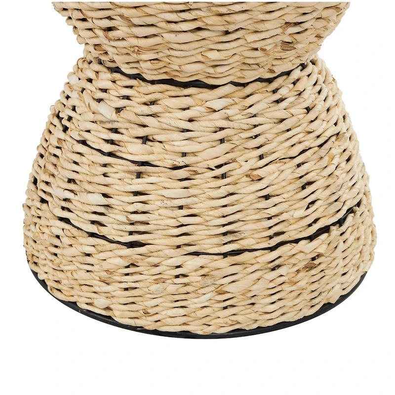 19" Rattan Woven Stool with Wood Tabletop and Black Frame