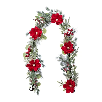 Glitzhome® 6FT Christmas Red Mangnolia & Berry Garland