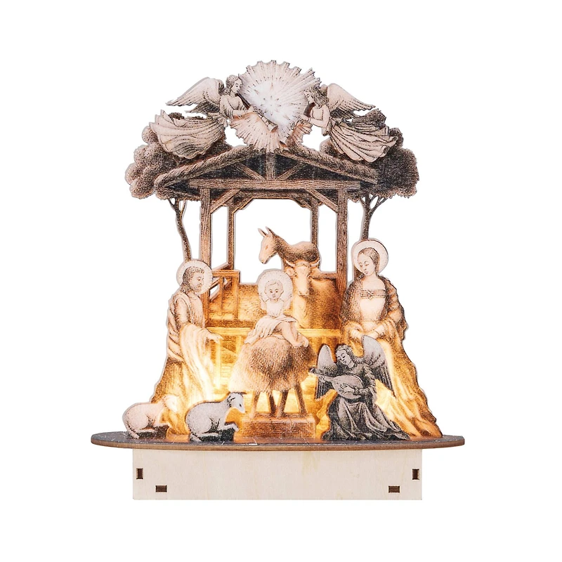 Hello Honey® 7.75" Laser-Cut Wood Nativity Scene with LED Light