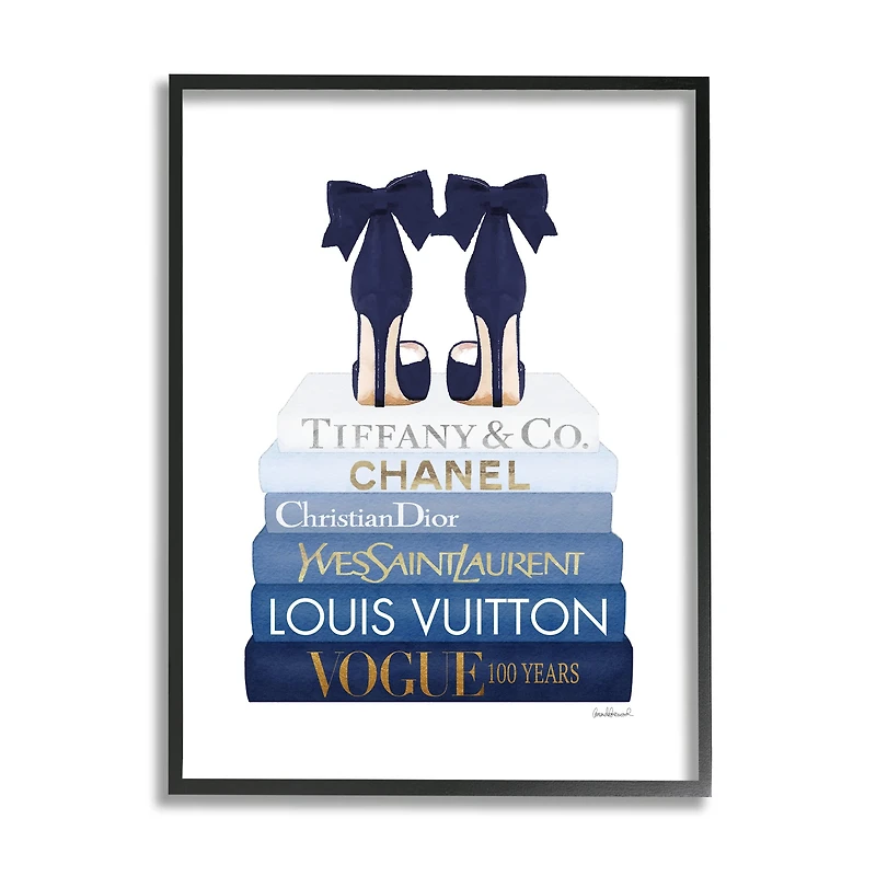 Stupell Industries Navy Blue Bow Heels Chic Glam Bookstack Framed Wall Art