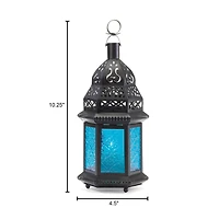 10" Black Moroccan Style Hanging Candle Lantern with Etched Blue Glass