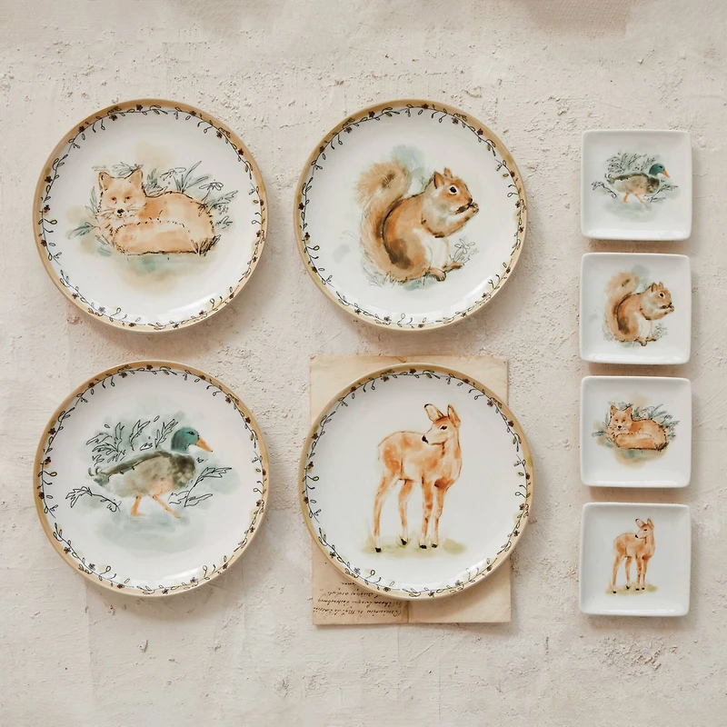 Hello Honey 8" Round Animal Stoneware Plates with Floral Edge, 4ct.