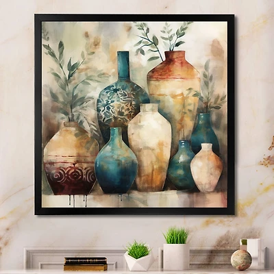 Designart "Green And Orange Artisanal Boho Pottery I" Boho Pottery Framed Canvas Art Print