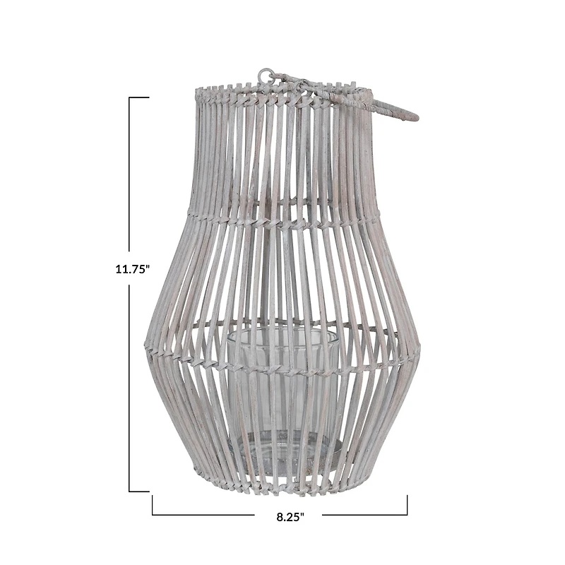 Hello Honey® 11.7" Whitewashed Round Hand-Woven Bamboo Lantern with Handle & Glass Insert