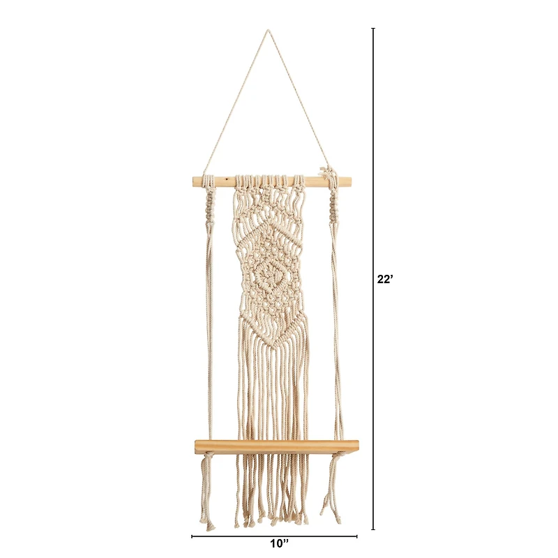22" Boho Chic Wood Macrame Shelf with Diamond Weave
