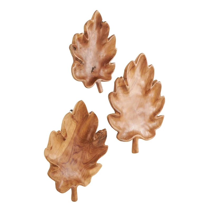 Brown Teak Wood Leaf Tray Set
