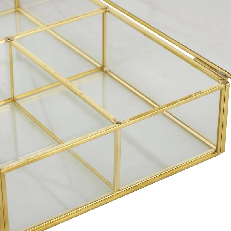 10" x 7" x 2" Clear & Gold 3-Slot Glass & Metal Jewelry Box with Chain Accent