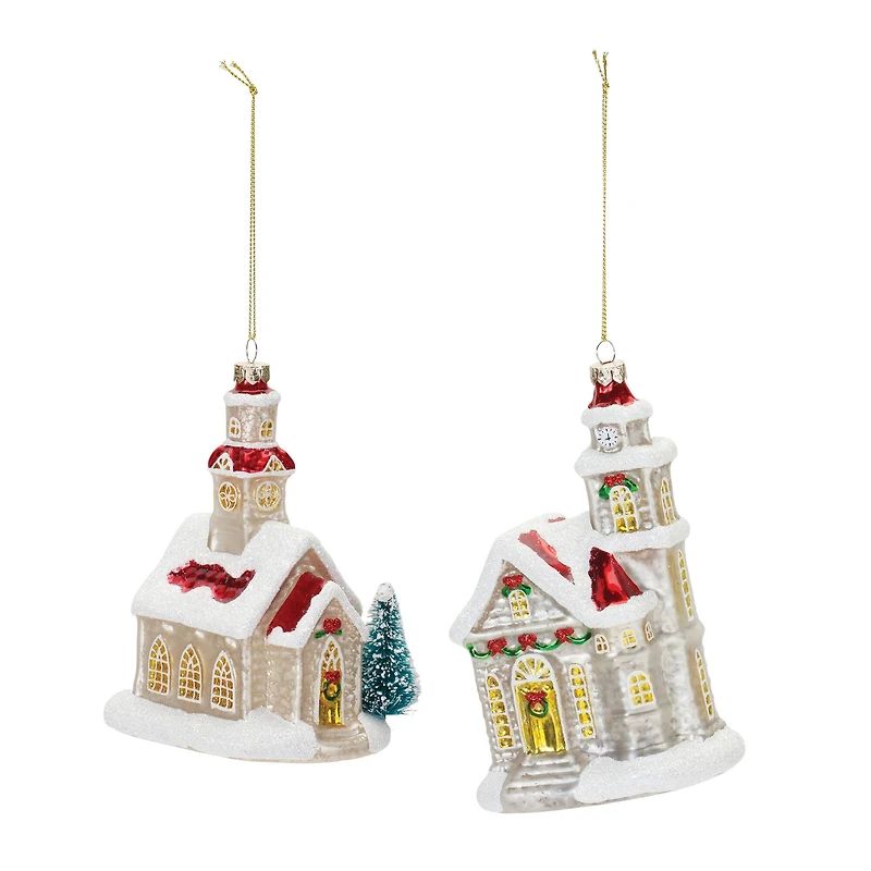 6ct. Glittered Glass Church Ornaments