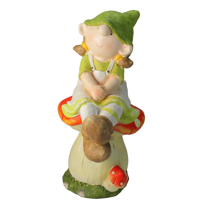19.25" Young Girl Gnome Sitting on a Mushroom Spring Outdoor Garden Figure
