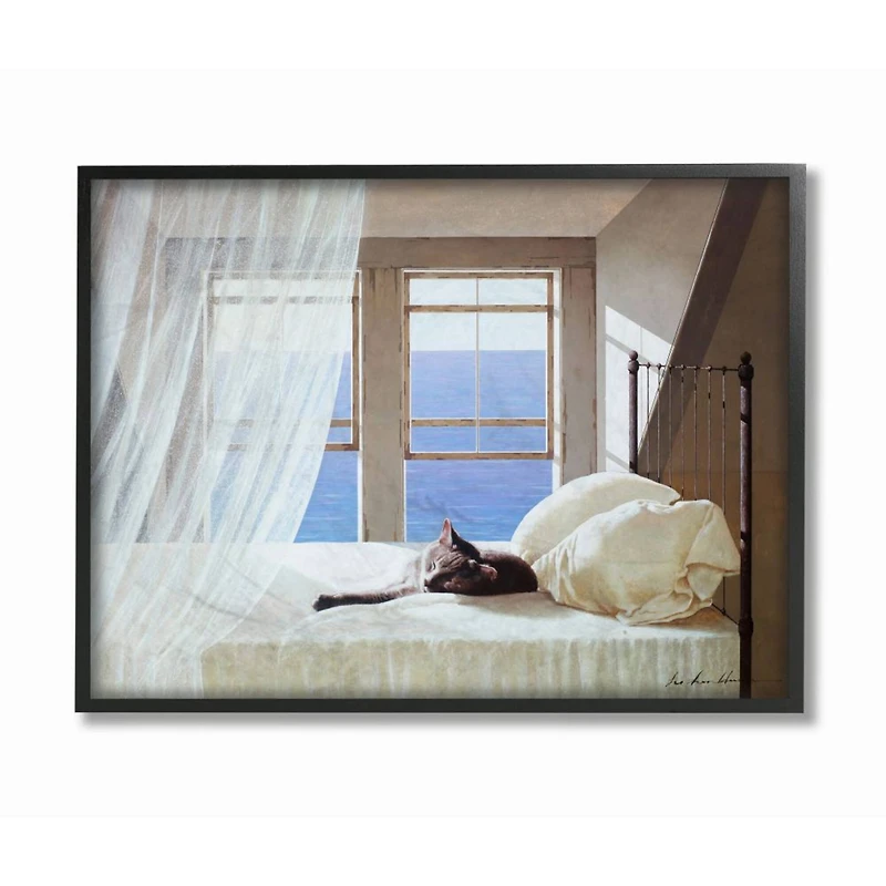 Stupell Industries Cat Resting on White Oceanside Bed Nautical Black Framed Wall Art