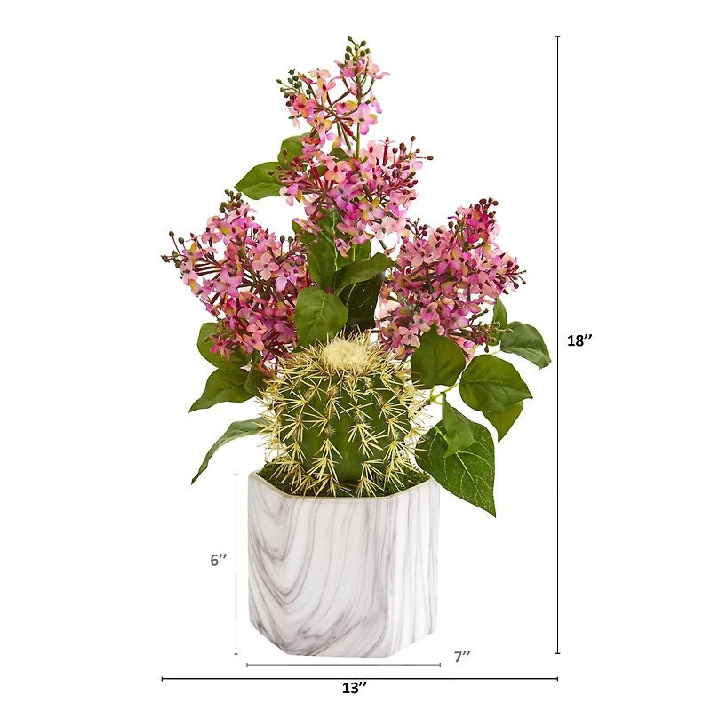 18" Lilac and Cactus Artificial Arrangement in Marble Vase