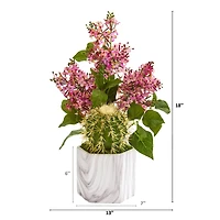 18" Lilac and Cactus Artificial Arrangement in Marble Vase