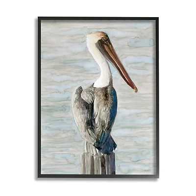 Stupell Industries Long Beak Pelican Watercolor Painting Coastal Waterfowl Bird Framed Wall Art