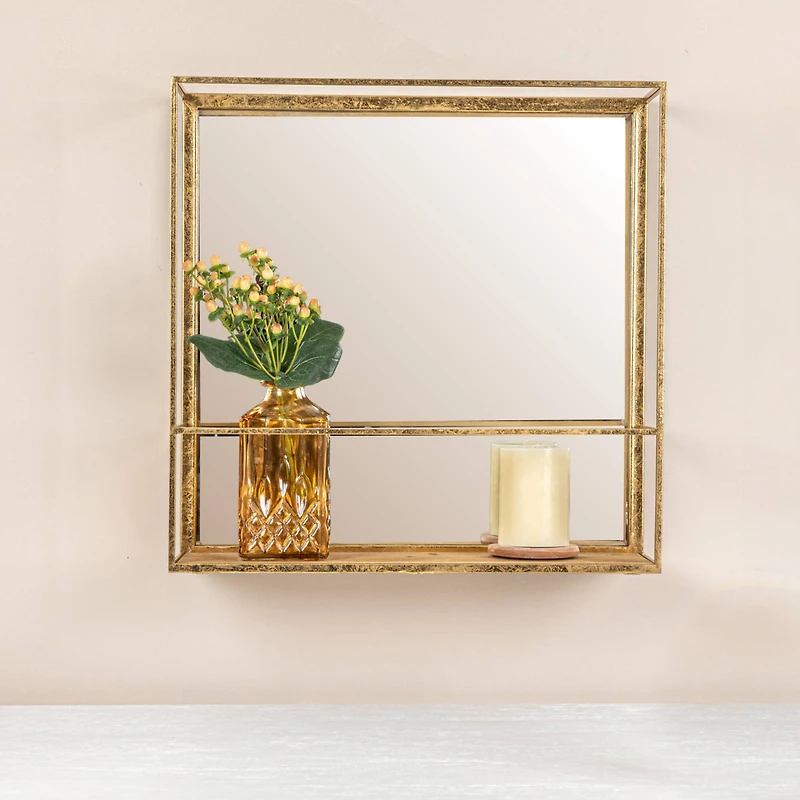 Hello Honey® 20" Gold Metal Wall Mirror with Reclaimed Wood Base