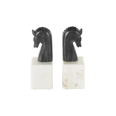 7" Black Marble Horse Distressed Decorative Bookends with White Block Bases, 2ct.